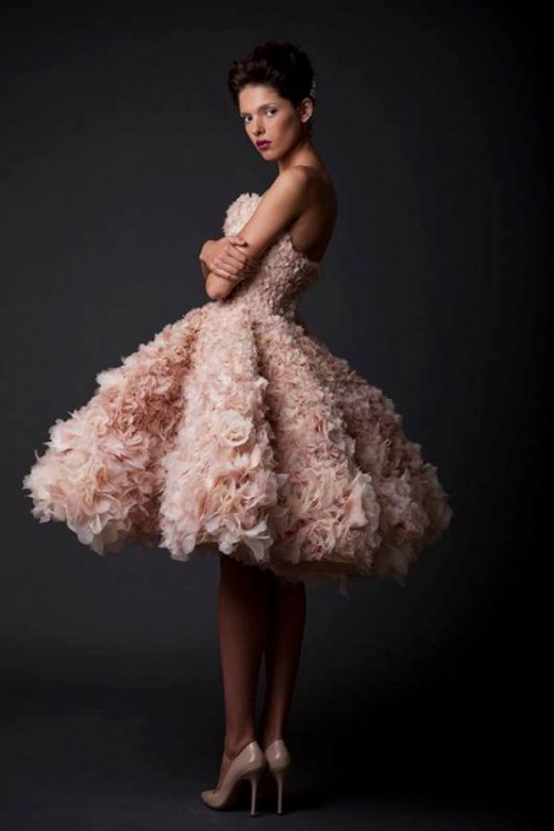a bold blush strapless knee wedding dress with a full pleated skirt completely covered with floral appliques
