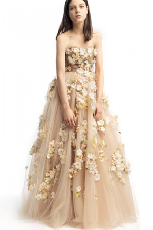 a dove grey strapless wedding dress with realistic floral appliques is a catchy and cool idea for a wedding
