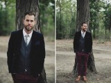 a bold groom’s outfit with burgundy velvet pants, a grey waistcoat, a navy velvet blazer and a light grey tie