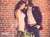 a relaxed boho groom’s look with grey pants, a burgundy velvet blazer and a white shirt for the fall