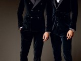 navy velvet tuxedos with black lapels, waistcoats, bow ties and shoes with bows on them
