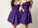 super elegant and refined deep purple knee A-line bridesmaid dresses with pleated full skirts for a formal and elegant look