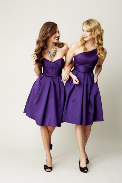 super elegant and refined deep purple knee A-line bridesmaid dresses with pleated full skirts for a formal and elegant look