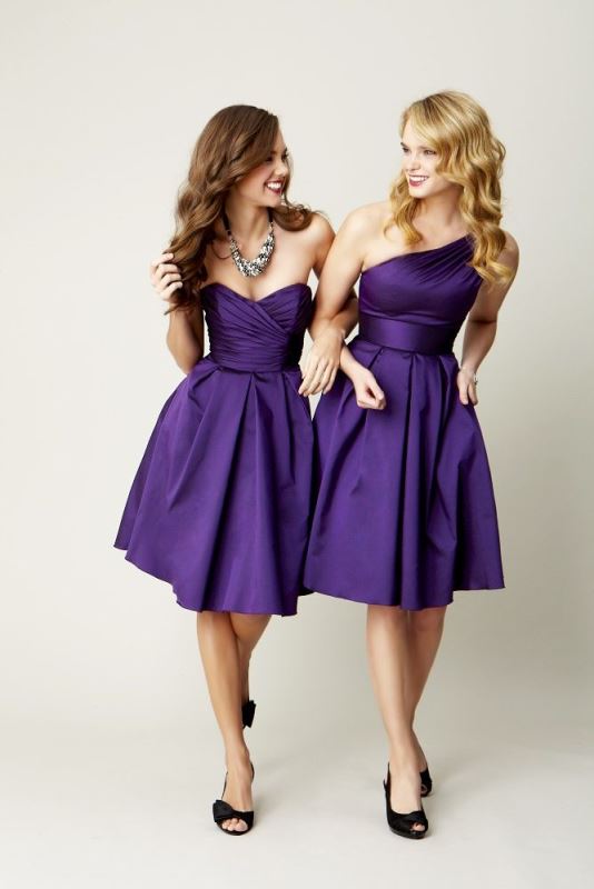 super elegant and refined deep purple knee A line bridesmaid dresses with pleated full skirts for a formal and elegant look