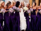 sophisticated strapless violet maxi bridesmaid dresses with mermaid silhouettes are amazing for a beautiful and formal fall wedding