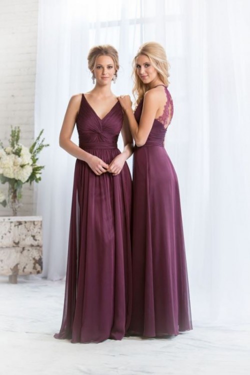 lovely maxi A-line purple bridesmaid dresses with draped bodices, pleated skirts and lace backs are very sexy and chic