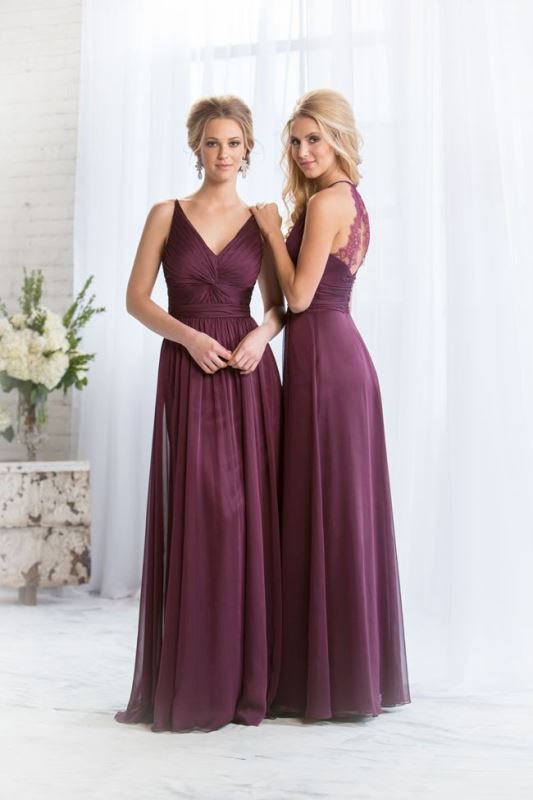 lovely maxi A line purple bridesmaid dresses with draped bodices, pleated skirts and lace backs are very sexy and chic