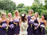 deep violet mismatching bridesmaid dresses with various necklines and lengths will define the style of each girl
