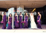 catchy and sexy deep purple maxi bridesmaid dresses with strapless necklines and short trains for a refined and bold fall wedding