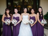 strapless violet bridesmaid dresses with draped bodices and pleated skirts are a timeless solution for a bold fall wedding