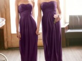 purple strapless bridesmaid dresses with draped bodices, pleated skirts are amazing for a fall wedding