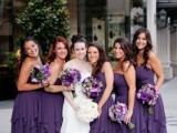 strapless purple bridesmaid dresses with ruffle skirts and nude shoes are great for a fall or winter wedding