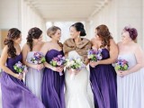 strapless maxi violet and light lilac bridesmaid dresses with draped bodices and pleated skirts are amazing for a fall wedding with a touch of violet