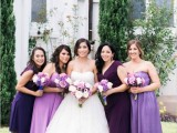 mismatching strapless lilac bridesmaid maxi dresses and matching aubergine knee ones are great for a fall wedding with touches of deep purple