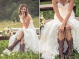 cutout brown embroidered boots paired with a strapless princess-style wedding dress look beautiful and very relaxed