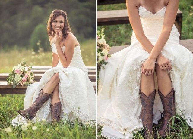 Cutout brown embroidered boots paired with a strapless princess style wedding dress look beautiful and very relaxed