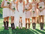 mismatching brown, light brown, ember embroidered leather boots for both a bride and bridesmaids are a great idea for a fall wedding