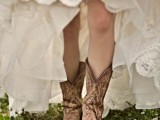 embrodiered brown cut cowboy boots are perfect for rocking them at a stylish rustic wedding, try a pair for a cowboy wedding, too