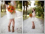 if you are wearing a short wedding dress, it can show off brown cowboy boots you are wearing and make it more rustic and relaxed