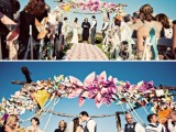 a wedding arch fully decorated with large and colorful paper flowers is a cool idea for a bright wedding