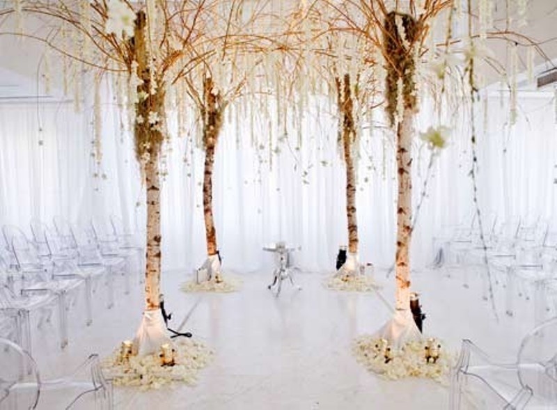 A unique wedding altar of birch trees, blooms and greenery hanging down, white petals and candles