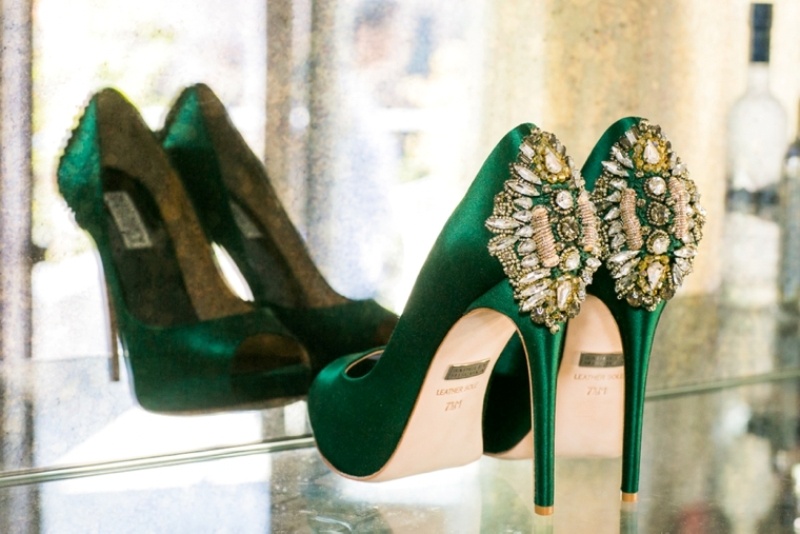 emerald wedding shoes with high heels and heavily embellished backs are gorgeous for adding color to your bridal look