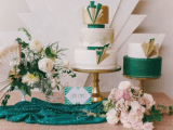 lovely art deco wedding cakes done in white, emerald and gold, with elegant and edgy detailing are amazing for a bright and cool wedding