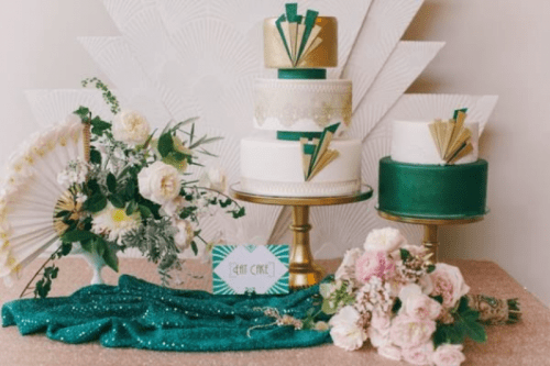 lovely art deco wedding cakes done in white, emerald and gold, with elegant and edgy detailing are amazing for a bright and cool wedding