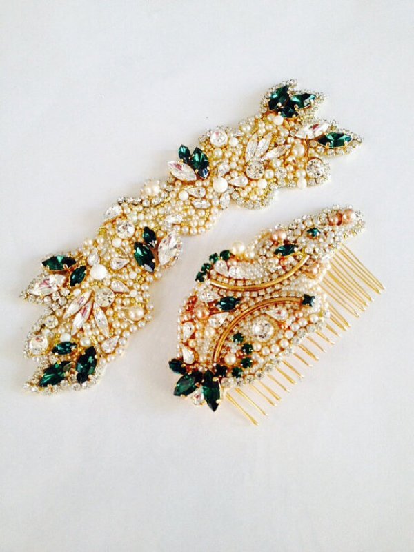 refined and chic gold, white and emerald rhinestone wedding accessories are fantastic for a shiny and bold wedding