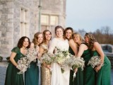 mismatching green and emerald maxi bridesmaid dresses and a gold glitter maxi dress for the maid of honor