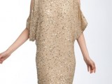 a gold sequin mini dress with cold shoulder sleeves is a glam and bright idea for a modern wedding or a glam getaway