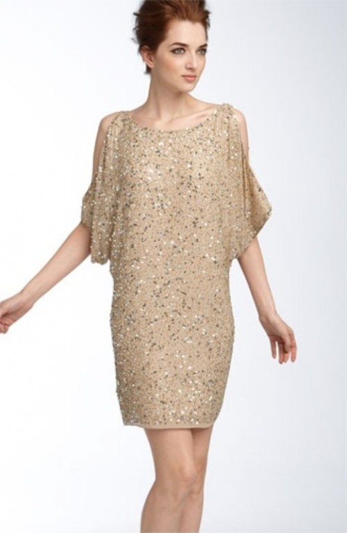 a gold sequin mini dress with cold shoulder sleeves is a glam and bright idea for a modern wedding or a glam getaway