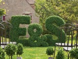 a fun garden wedding backdrop of moss letters and an ampersand plus potted greenery along the aisle for a very cool and modern look
