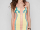 a bright and catchy bridesmaid mini dress of turquoise, coral and yellow stripes is an amazing and bold idea