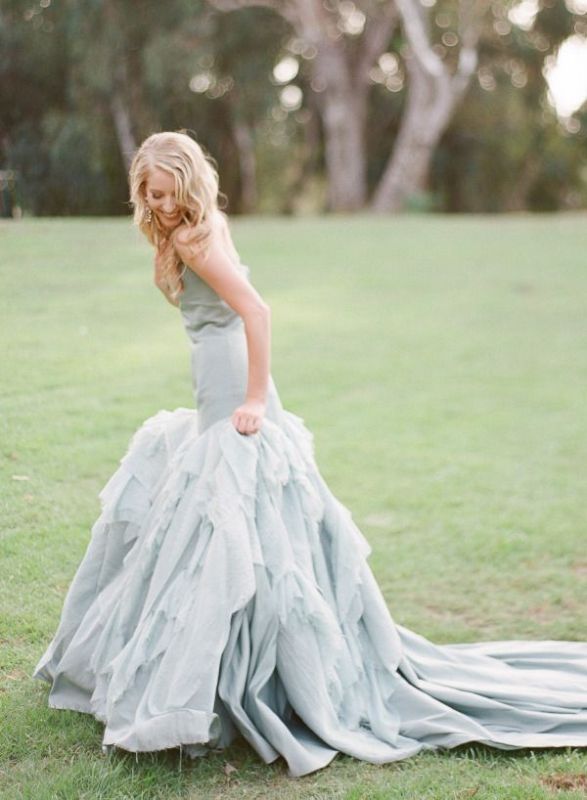 A fantastic strapless powder blue wedding dress with a train is a gorgeous idea for a bride at a powder blue wedding   your something blue