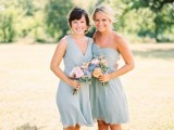 mismatching knee powder blue bridesmaid dresses paired with neutral shoes are perfect for spring and summer