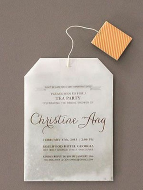 a tea bag invitation to your tea party bridal shower is a whimsy idea