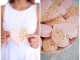 pink crispy rice cookies shaped as hearts are a cute treat idea