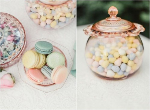 pastel colored candies and macarons are an amazing dessert idea for such a party