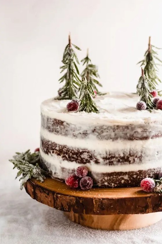 a naked chocolate wedding cake with sugared cranberries and mini trees of rosemary for a winter wedding