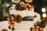 a naked wedding cake decorated with pinecones, shiny berries, evergreens, snowflakes and branch slices is lovely for a winter rustic wedding