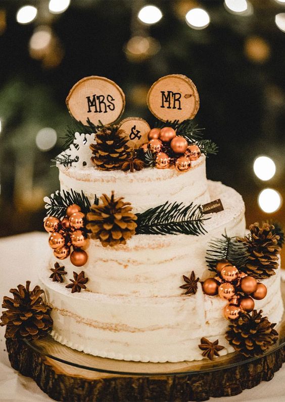 a naked wedding cake decorated with pinecones, shiny berries, evergreens, snowflakes and branch slices is lovely for a winter rustic wedding