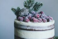 a semi naked wedding cake topped with a pinecone, evergreens and sugared berries for a winter wedding