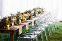 clear ghost chairs added an unexpected element to these otherwise-familiar farm tables