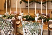 macrame and greenery chair covers are amazing for a boho wedding, skp usual plaques and usual decor and go for macrame