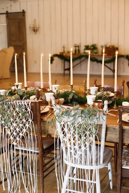 macrame and greenery chair covers are amazing for a boho wedding, skp usual plaques and usual decor and go for macrame