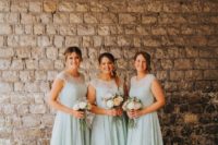 mint midi bridesmaid dresses with lace bodices, illusion necklines and white shoes