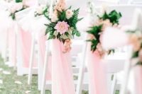 pink fabric, pink and neutral blooms and greenery for elegant and chic wedding chair decor with a delicate touch of color