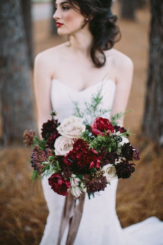 red, burgundy and blush bouquet with foliage will add a touch of color to your bridal look