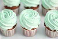 wedding cupcakes with mint frosting and edible beads are lovely and cool
